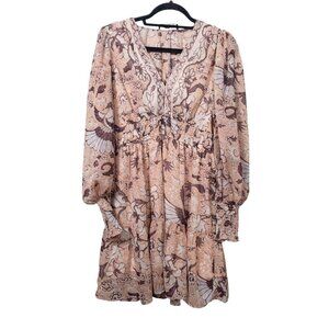 Anthropologie O.P.T Floral Birds Boho Prairie Dress SZ S Cream Brown Fall